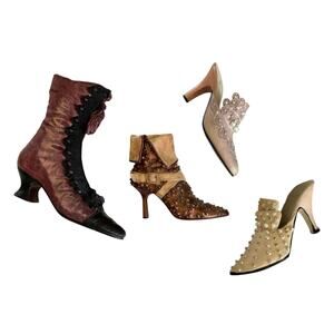 4 Piece Set of Miniature Victorian Shoe Figurines Tassel Resin Jeweled Ruffled